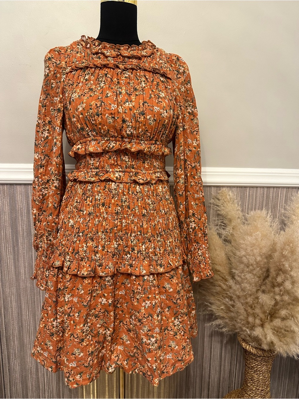 Listicle Small Rust Orange Floral Smocked Ruffle Long Sleeve Dress